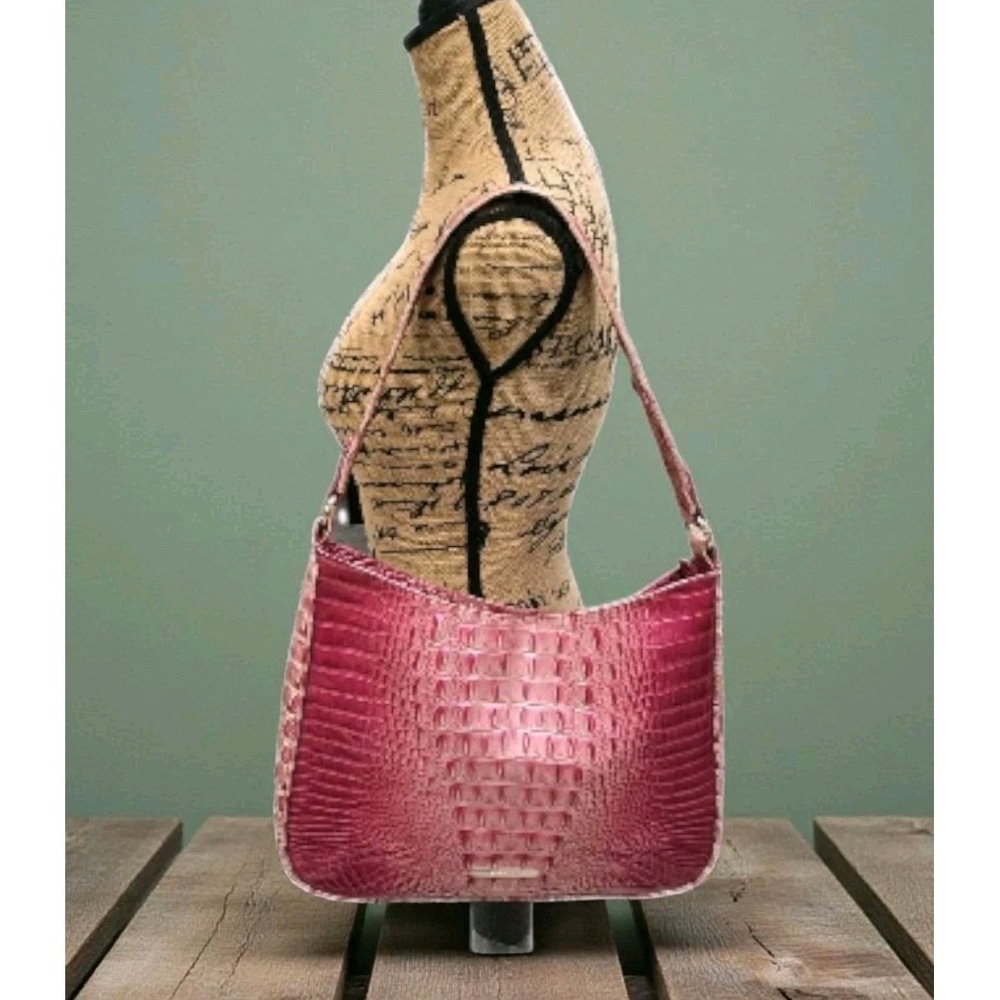 Brahmin Noelle Shoulder Bag Lotus Pink Croc Embossed HTF Color Near Mint VIDEO!